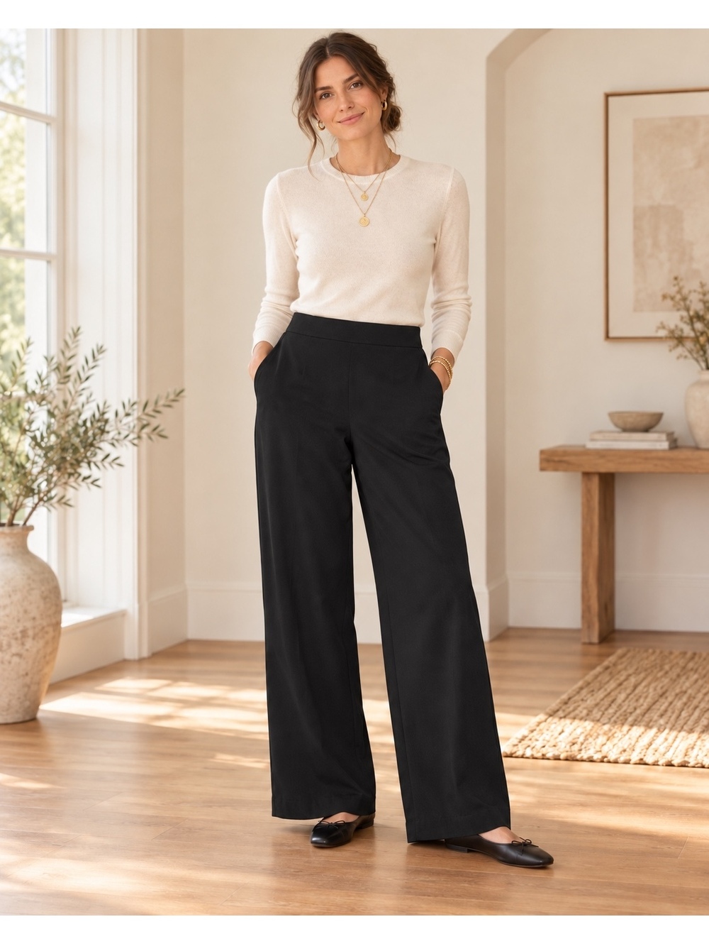 Ralph Lauren Black Wide Leg High Waist Thin Pants Quiet Luxury Sz 6 Boho Office